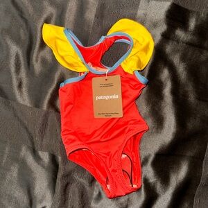Patagonia Kids Swim One Piece - coral with Yellow and blue Accents